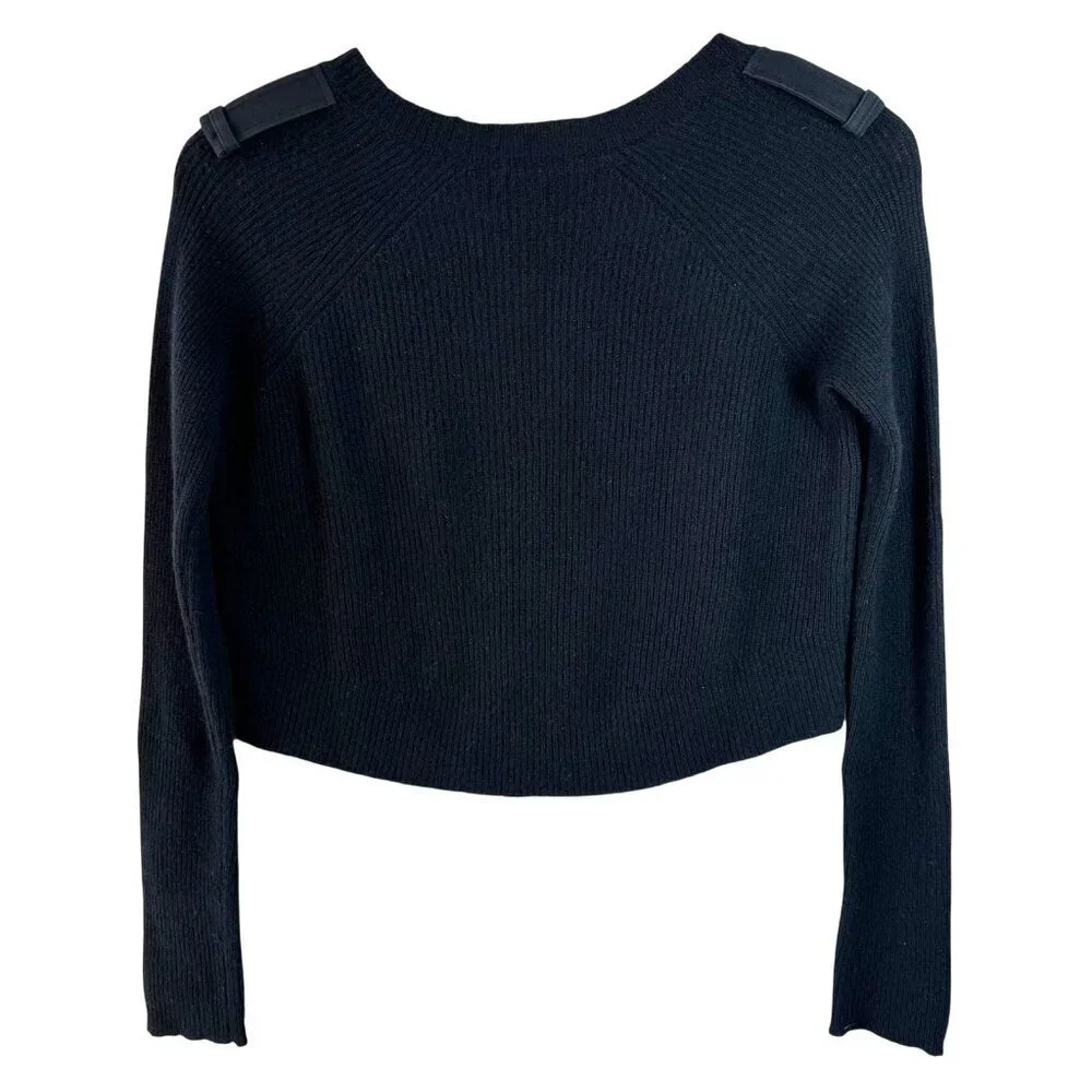 Minnie Rose Black Cashmere Cropped Rib Knit Sweater Epaulet Shoulder XS
